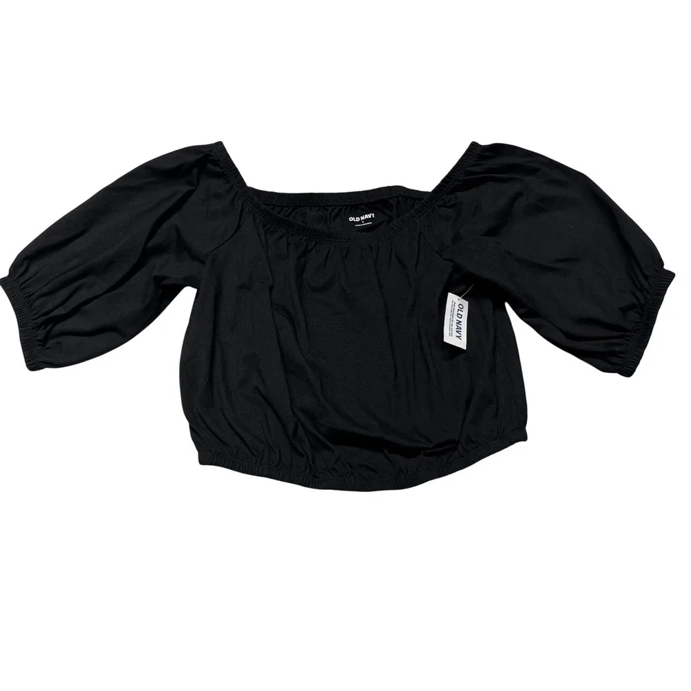 Old Navy Off the Shoulder Blouse Womens Small Black Puff Sleeve Elastic‎ Hem NWT